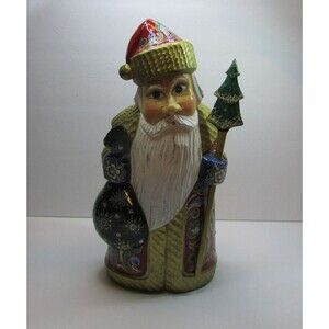 Ceprueb PAB Russian wood carved elegantly painted Santa figure holding bag tree